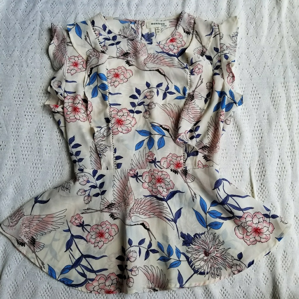 Monteau ivory with flower/bird print blouse